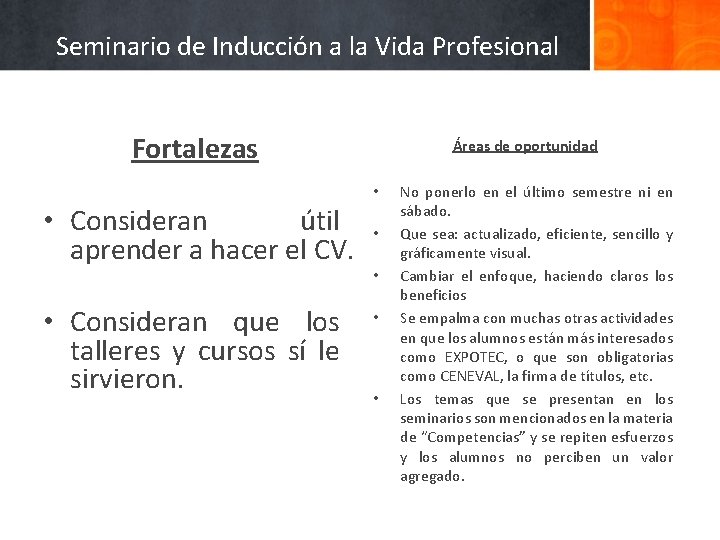 Seminario de Inducción a la Vida Profesional Fortalezas Áreas de oportunidad • • Consideran