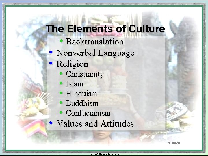 The Elements of Culture • Backtranslation • Nonverbal Language • Religion • Christianity •