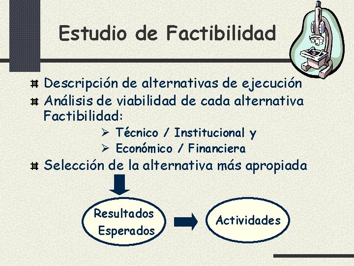 Estudio de Factibilidad Descripción de alternativas de ejecución Análisis de viabilidad de cada alternativa