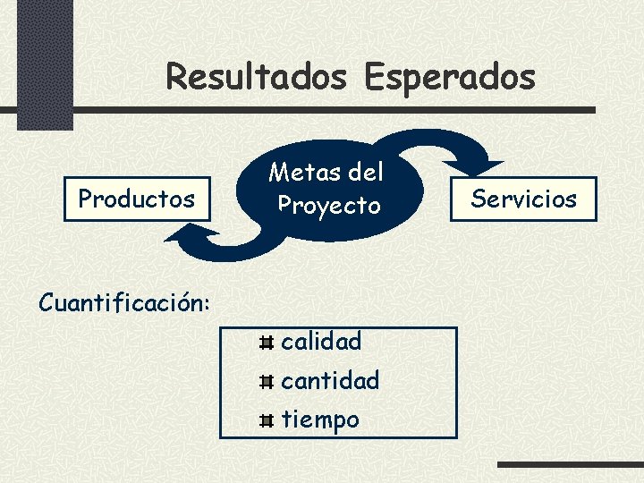 Resultados Esperados Productos Metas del Proyecto Cuantificación: calidad cantidad tiempo Servicios 