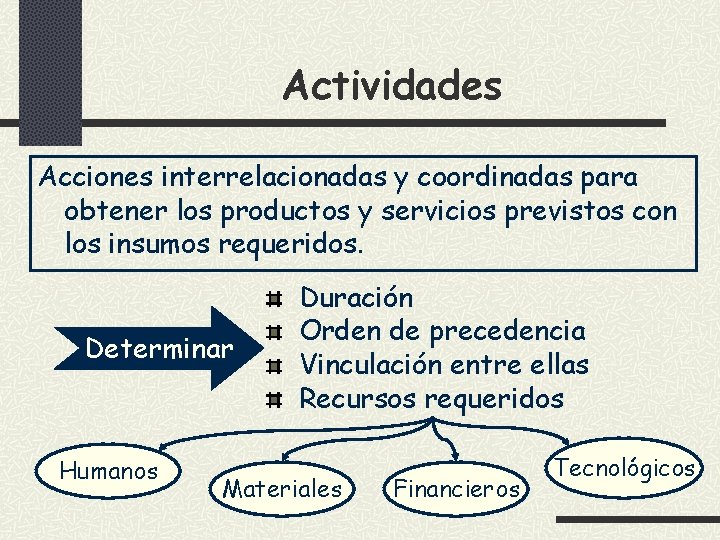 Actividades Acciones interrelacionadas y coordinadas para obtener los productos y servicios previstos con los