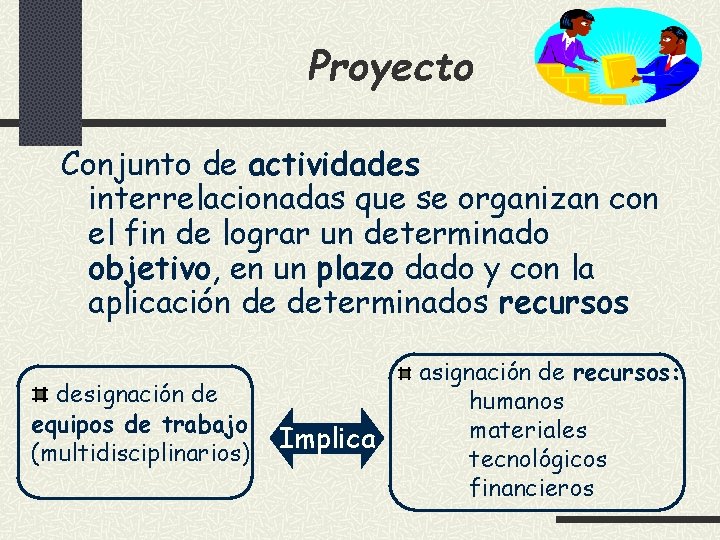 Proyecto Conjunto de actividades interrelacionadas que se organizan con el fin de lograr un