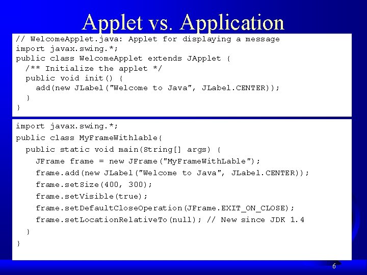 Applet vs. Application // Welcome. Applet. java: Applet for displaying a message import javax.