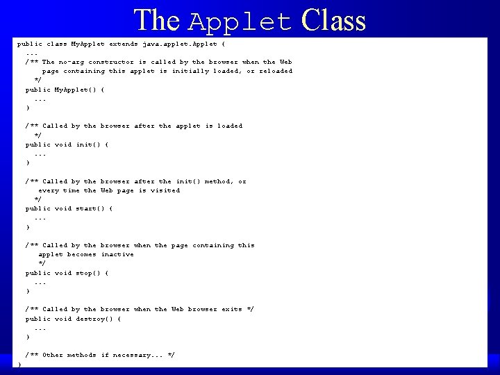 The Applet Class public class My. Applet extends java. applet. Applet {. . .