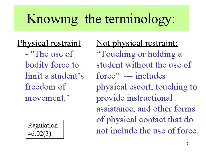Knowing the terminology: Physical restraint - "The use of bodily force to limit a