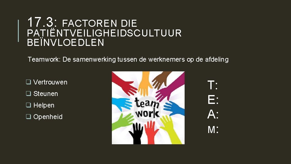 17. 3: FACTOREN DIE PATIËNTVEILIGHEIDSCULTUUR BEÏNVLOEDLEN Teamwork: De samenwerking tussen de werknemers op de