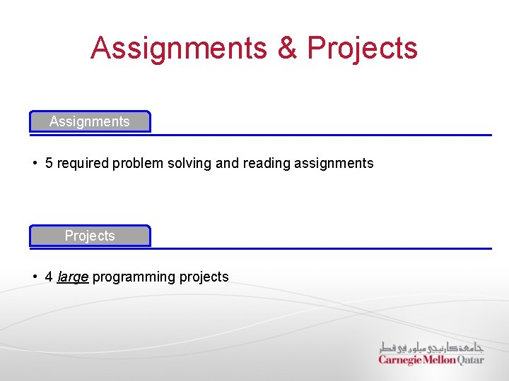 Assignments & Projects Assignments • 5 required problem solving and reading assignments Projects •
