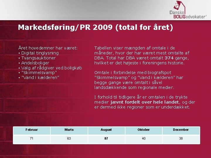 Markedsføring/PR 2009 (total for året) Året hovedemner har været: • Digital tinglysning • Tvangsauktioner