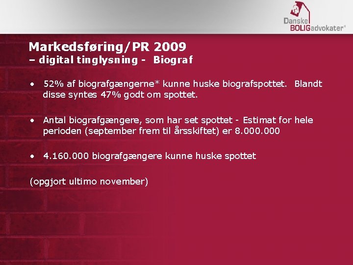 Markedsføring/PR 2009 – digital tinglysning - Biograf • 52% af biografgængerne* kunne huske biografspottet.