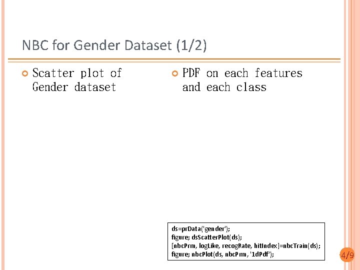 NBC for Gender Dataset (1/2) Scatter plot of Gender dataset PDF on each features