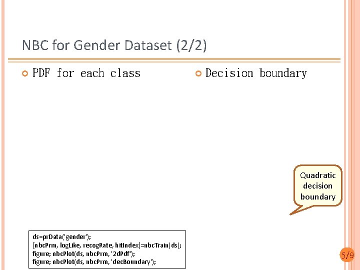NBC for Gender Dataset (2/2) PDF for each class Decision boundary Quadratic decision boundary