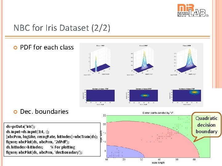 NBC for Iris Dataset (2/2) PDF for each class Dec. boundaries ds=pr. Data('iris'); ds.