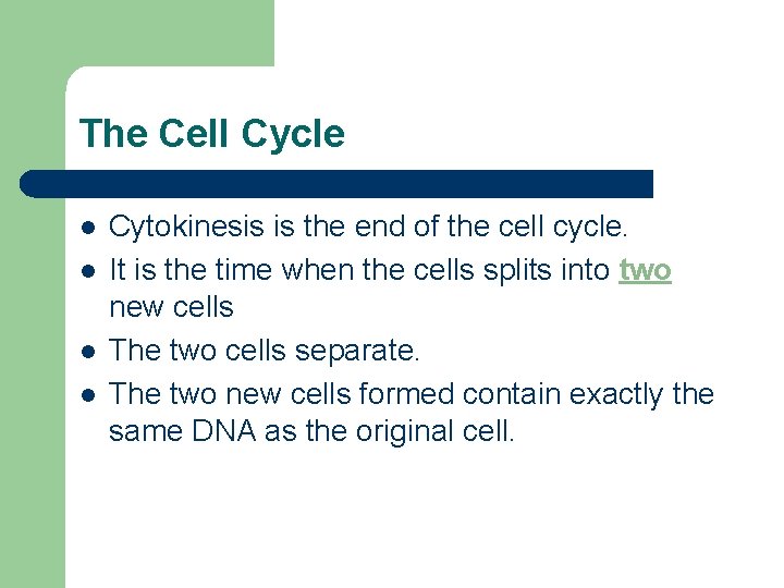 The Cell Cycle l l Cytokinesis is the end of the cell cycle. It