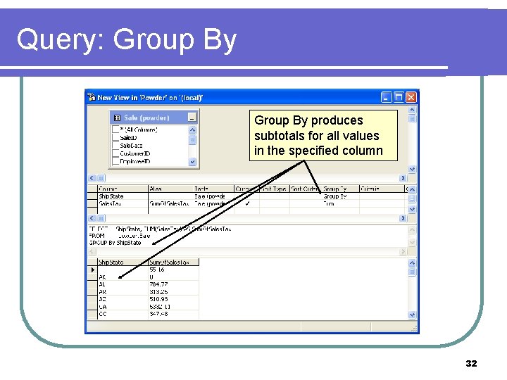 Query: Group By produces subtotals for all values in the specified column 32 
