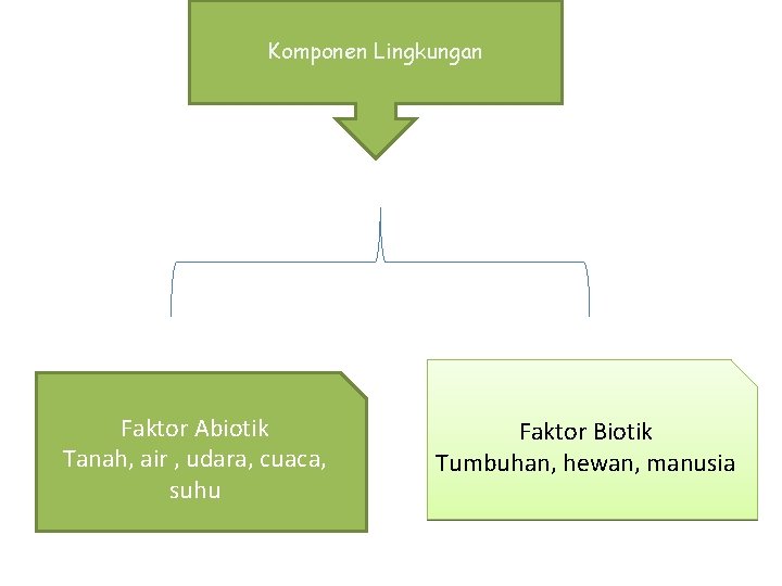 Komponen Lingkungan Faktor Abiotik Tanah, air , udara, cuaca, suhu Faktor Biotik Tumbuhan, hewan,