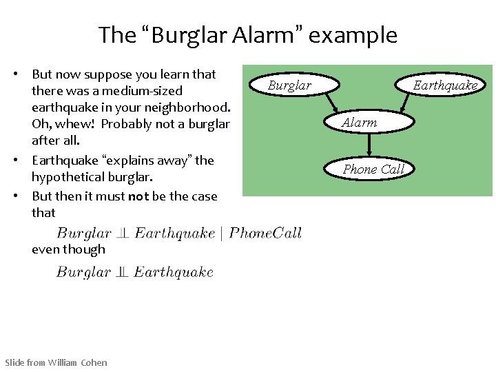 The “Burglar Alarm” example • But now suppose you learn that there was a