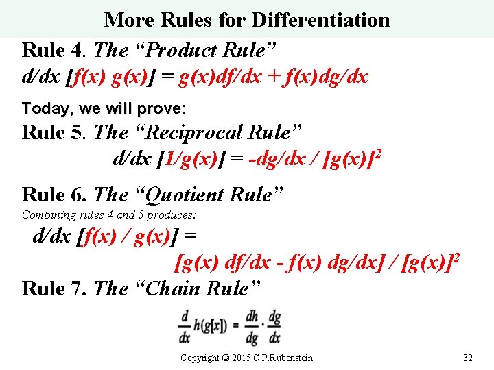 More Rules for Differentiation Rule 4. The “Product Rule” d/dx [f(x) g(x)] = g(x)df/dx