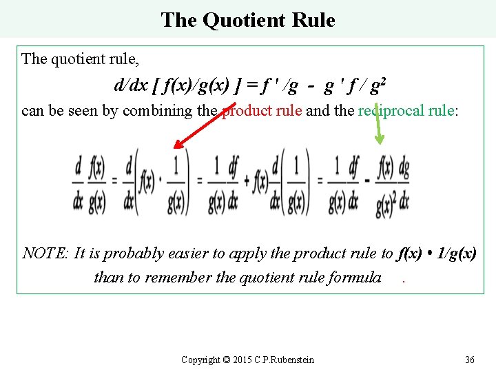 The Quotient Rule The quotient rule, d/dx [ f(x)/g(x) ] = f ' /g