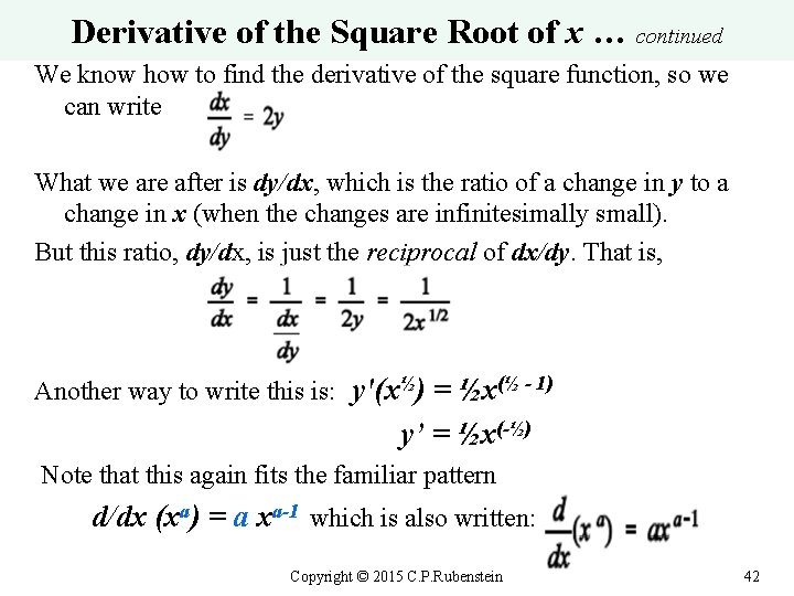 Derivative of the Square Root of x … continued We know how to find