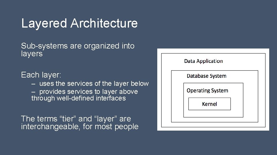 Layered Architecture Sub-systems are organized into layers Each layer: – uses the services of