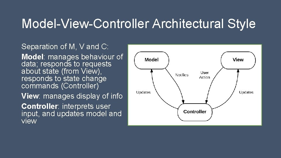 Model-View-Controller Architectural Style Separation of M, V and C: Model: manages behaviour of data;