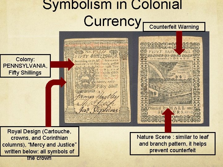Symbolism in Colonial Currency Counterfeit Warning Colony: PENNSYLVANIA, Fifty Shillings Royal Design (Cartouche, crowns,