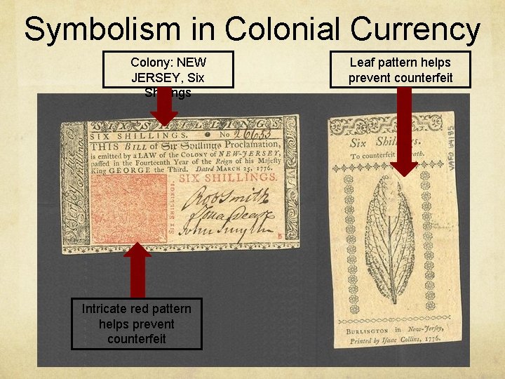 Symbolism in Colonial Currency Colony: NEW JERSEY, Six Shillings Intricate red pattern helps prevent