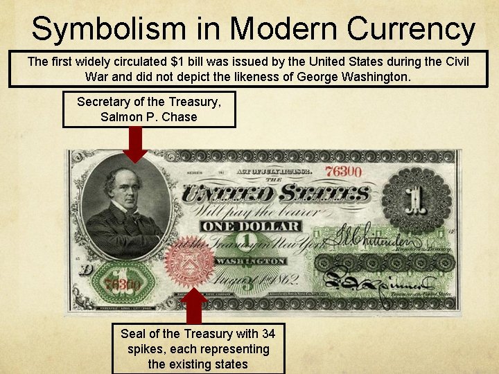 Symbolism in Modern Currency The first widely circulated $1 bill was issued by the