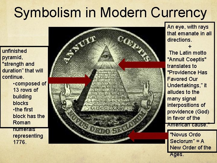 Symbolism in Modern Currency unfinished pyramid, "strength and duration” that will continue. • composed