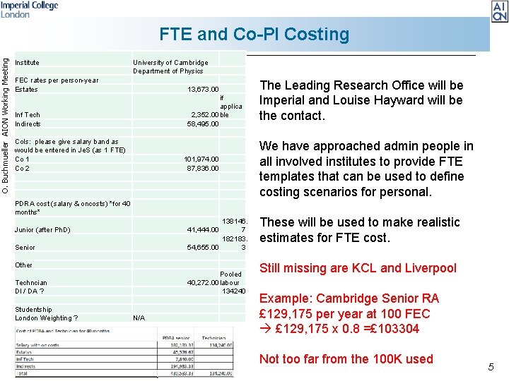 O. Buchmueller AION Working Meeting FTE and Co-PI Costing Institute University of Cambridge Department