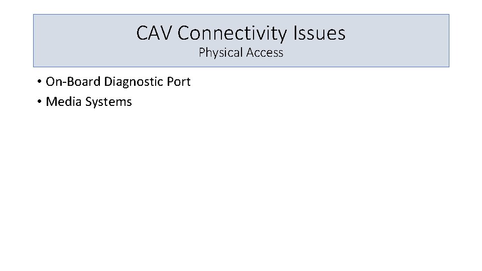 CAV Connectivity Issues Physical Access • On-Board Diagnostic Port • Media Systems 