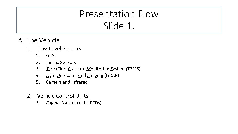 Presentation Flow Slide 1. A. The Vehicle 1. Low-Level Sensors 1. 2. 3. 4.