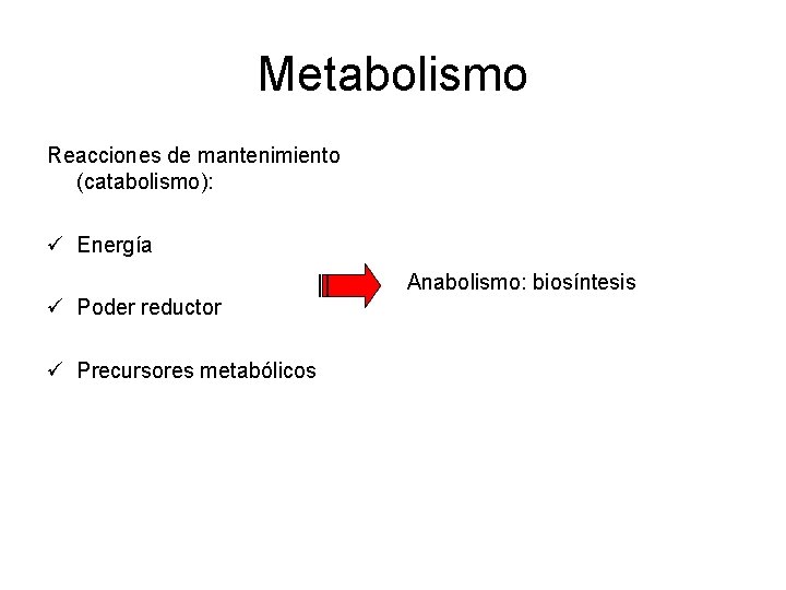 Metabolismo Reacciones de mantenimiento (catabolismo): ü Energía Anabolismo: biosíntesis ü Poder reductor ü Precursores