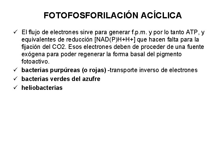 FOTOFOSFORILACIÓN ACÍCLICA ü El flujo de electrones sirve para generar f. p. m. y