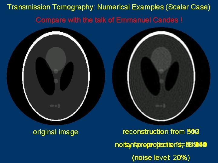 Transmission Tomography: Numerical Examples (Scalar Case) Compare with the talk of Emmanuel Candes !