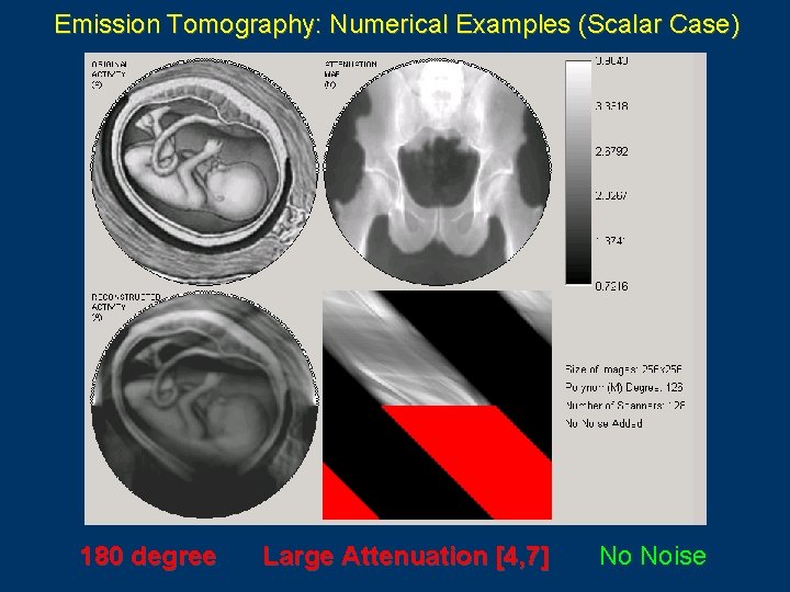Emission Tomography: Numerical Examples (Scalar Case) 180 degree Large Attenuation [4, 7] No Noise