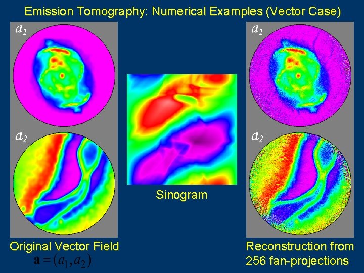 Emission Tomography: Numerical Examples (Vector Case) Sinogram Original Vector Field Reconstruction from 256 fan-projections