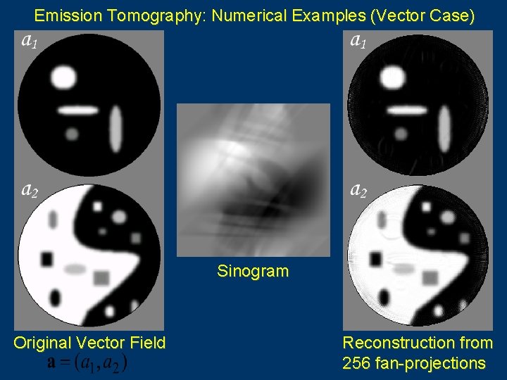 Emission Tomography: Numerical Examples (Vector Case) Sinogram Original Vector Field Reconstruction from 256 fan-projections
