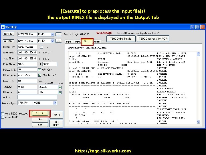 [Execute] to preprocess the input file(s) The output RINEX file is displayed on the