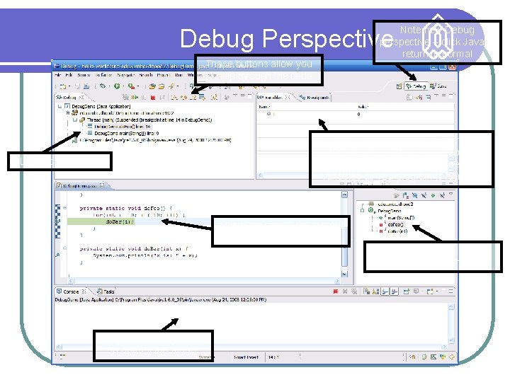 Note new Debug perspective – click Java to return to normal Debug Perspective These