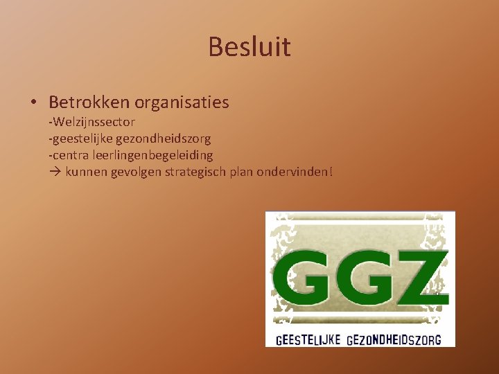 Besluit • Betrokken organisaties -Welzijnssector -geestelijke gezondheidszorg -centra leerlingenbegeleiding kunnen gevolgen strategisch plan ondervinden!