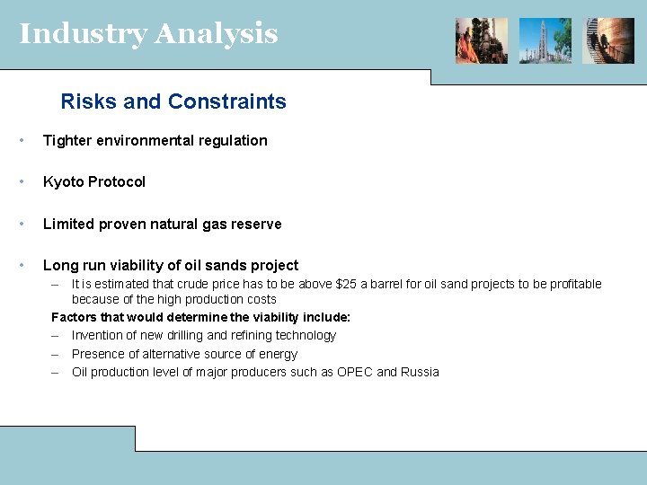 Industry Analysis Risks and Constraints • Tighter environmental regulation • Kyoto Protocol • Limited