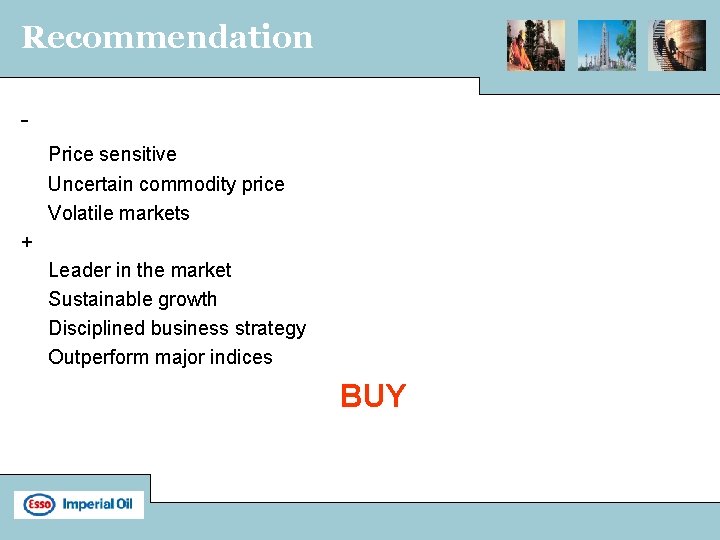 Recommendation Price sensitive Uncertain commodity price Volatile markets + Leader in the market Sustainable