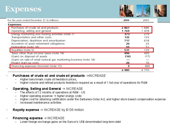 Expenses • Purchases of crude oil and crude oil products INCREASE – – •