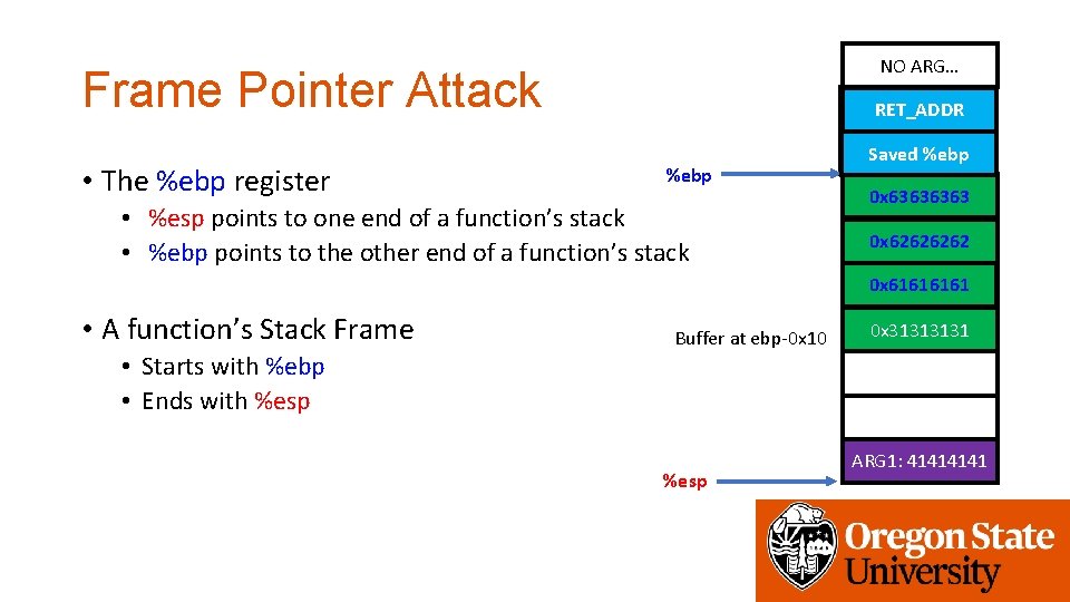NO ARG… Frame Pointer Attack • The %ebp register get_a_shell() RET_ADDR %ebp • %esp