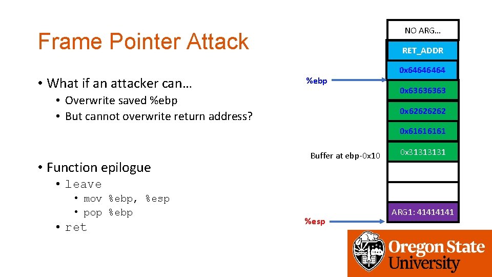 NO ARG… Frame Pointer Attack • What if an attacker can… get_a_shell() RET_ADDR %ebp