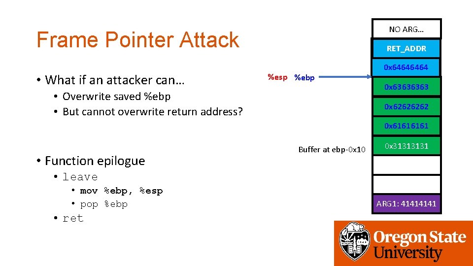 NO ARG… Frame Pointer Attack • What if an attacker can… get_a_shell() RET_ADDR %esp