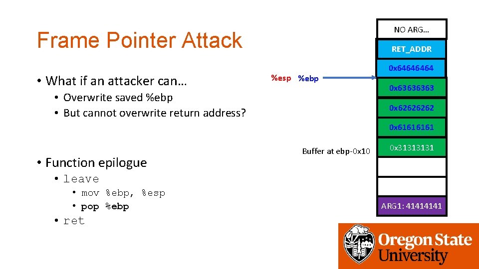 NO ARG… Frame Pointer Attack • What if an attacker can… get_a_shell() RET_ADDR %esp