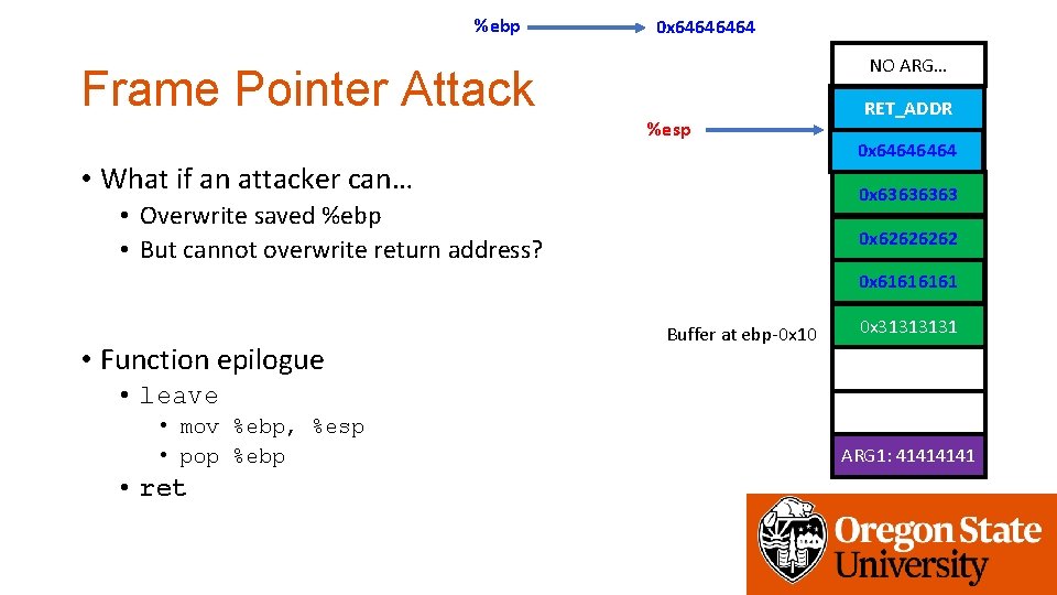 %ebp 0 x 6464 NO ARG… Frame Pointer Attack %esp • What if an