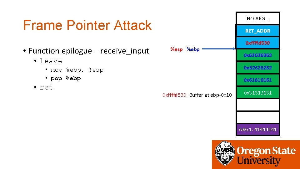 NO ARG… Frame Pointer Attack • Function epilogue – receive_input get_a_shell() RET_ADDR %esp %ebp